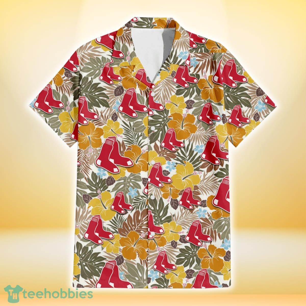 Boston Red Sox Brown Yellow Hibiscus White Background 3D Hawaiian Shirt Gift For Fans Gift For Fans Product Photo 2