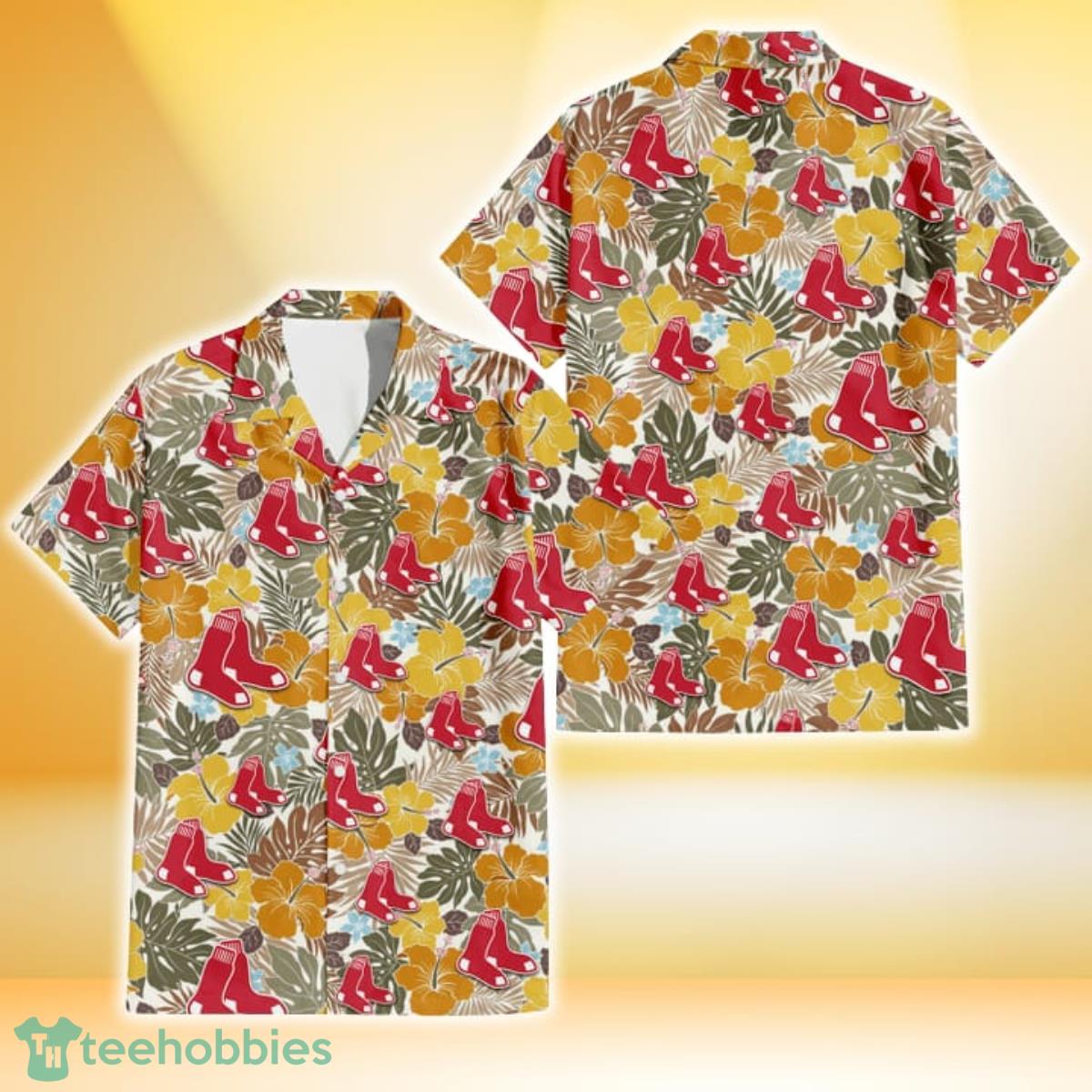 Boston Red Sox Brown Yellow Hibiscus White Background 3D Hawaiian Shirt Gift For Fans Gift For Fans Product Photo 1