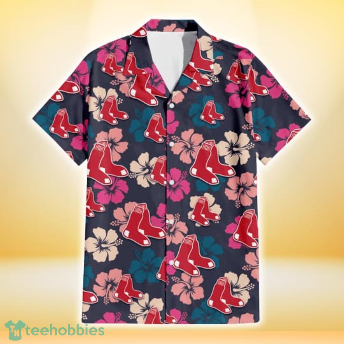 Boston Red Sox Colorful Hibiscus Black Background 3D Hawaiian Shirt Gift For Fans Gift For Fans Product Photo 2