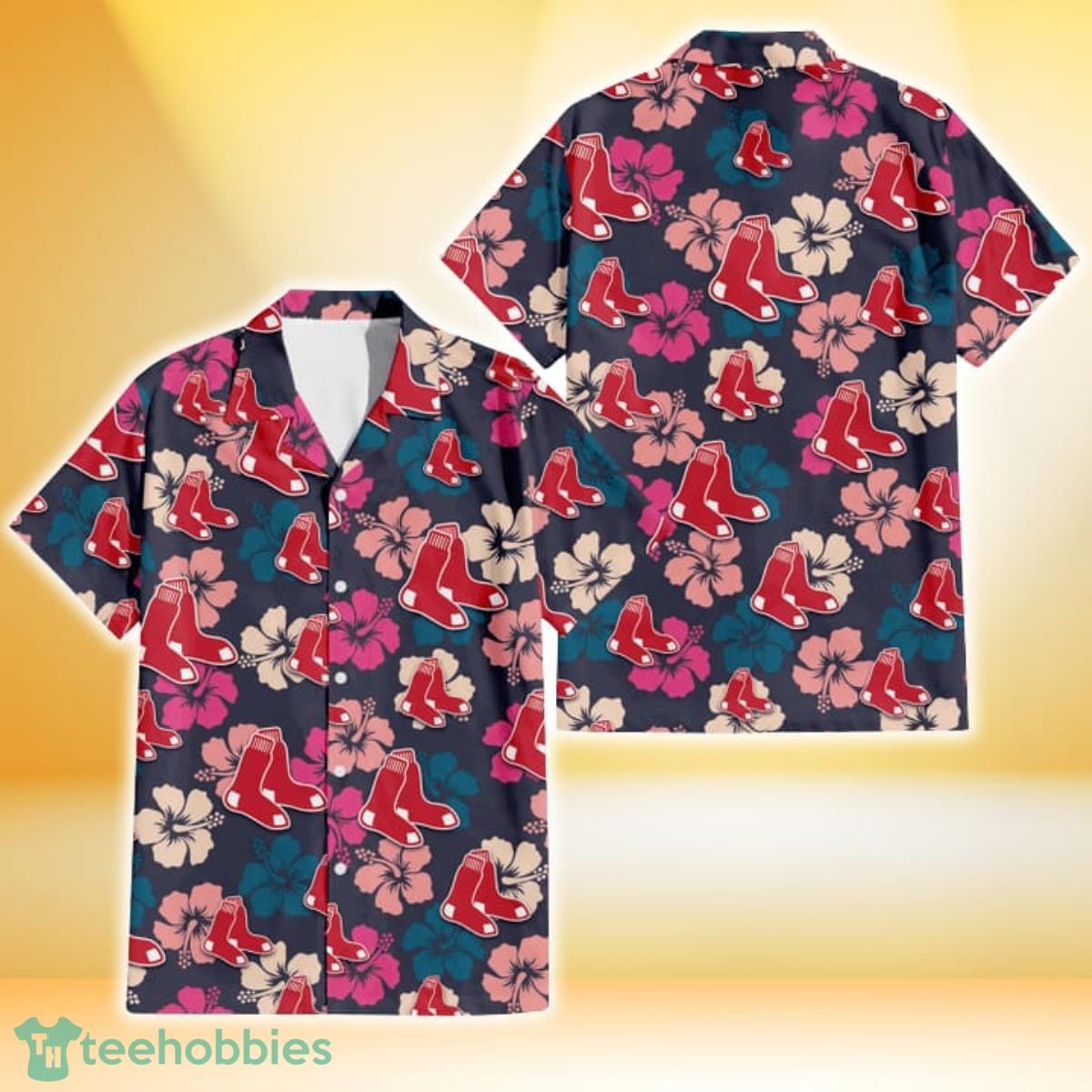 Boston Red Sox Colorful Hibiscus Black Background 3D Hawaiian Shirt Gift For Fans Gift For Fans Product Photo 1