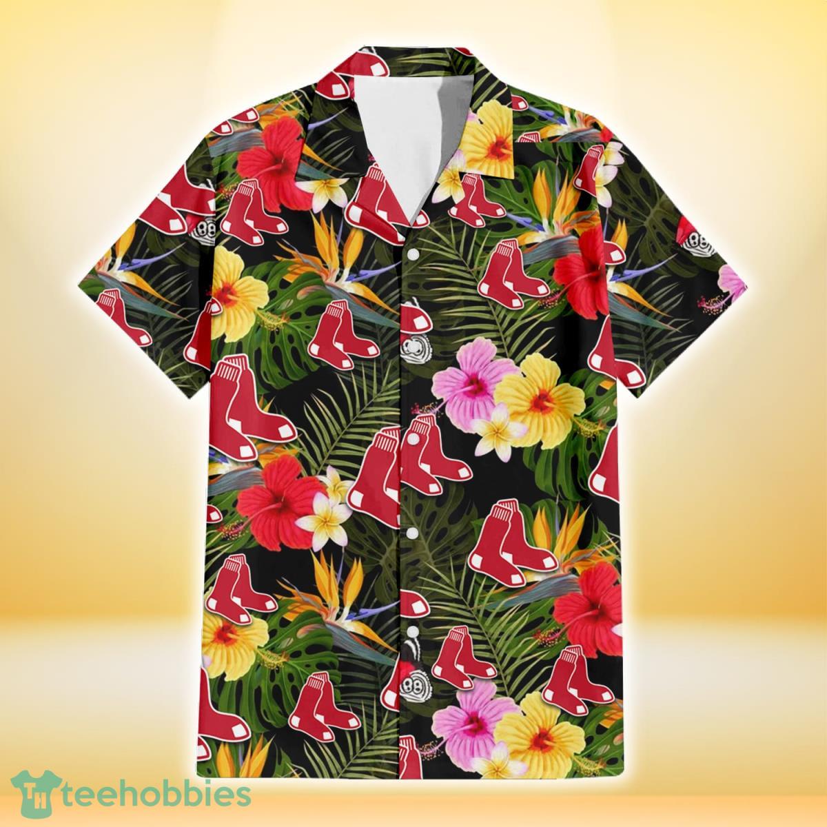 Boston Red Sox Colorful Hibiscus Green Leaf Back Background 3D Hawaiian Shirt Gift For Fans Gift For Fans Product Photo 2