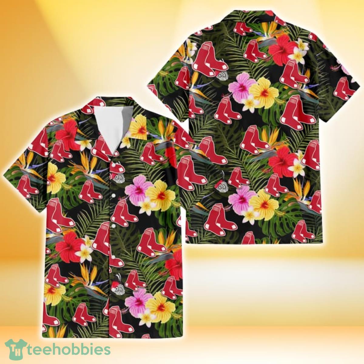 Boston Red Sox Colorful Hibiscus Green Leaf Back Background 3D Hawaiian Shirt Gift For Fans Gift For Fans Product Photo 1