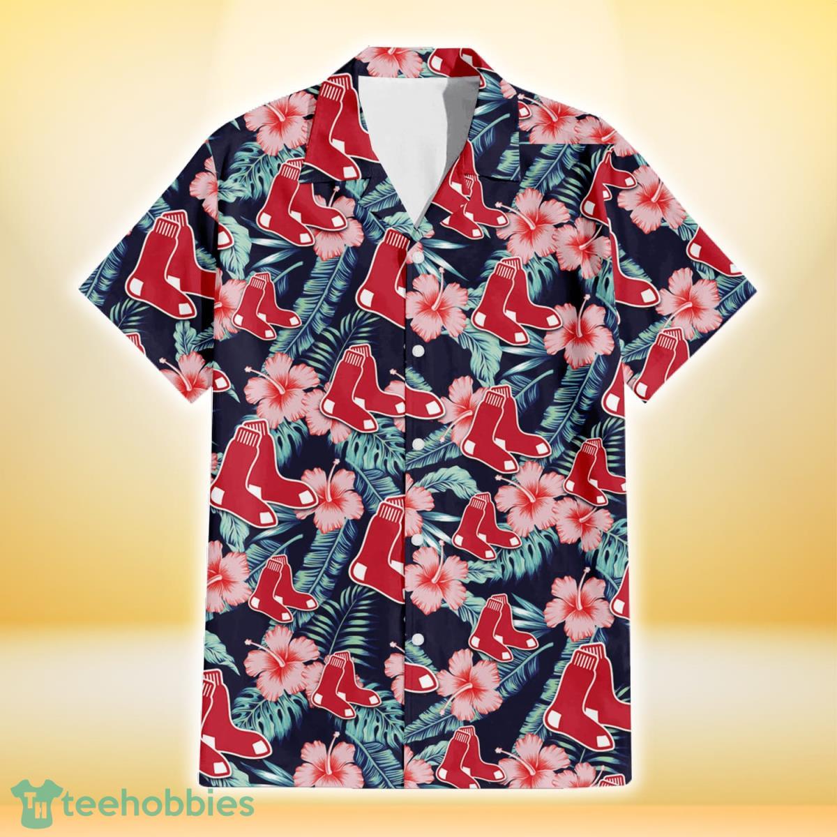 Boston Red Sox Coral Hibiscus Green Banana Leaf Black Background 3D Hawaiian Shirt Gift For Fans Gift For Fans Product Photo 2
