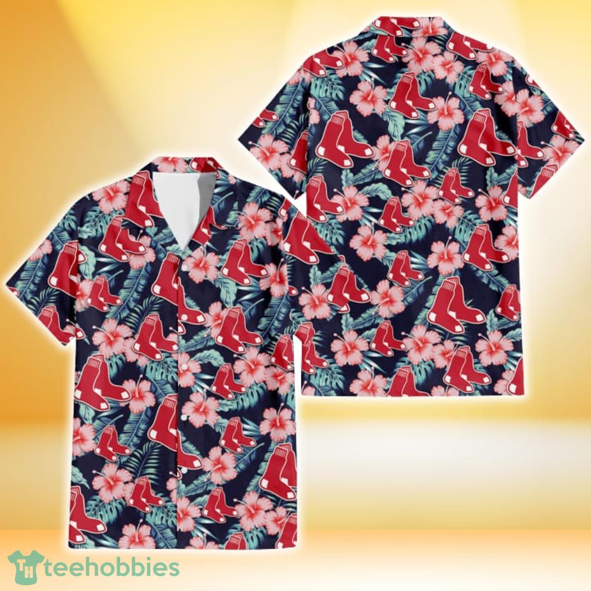 Boston Red Sox Coral Hibiscus Green Banana Leaf Black Background 3D Hawaiian Shirt Gift For Fans Gift For Fans Product Photo 1
