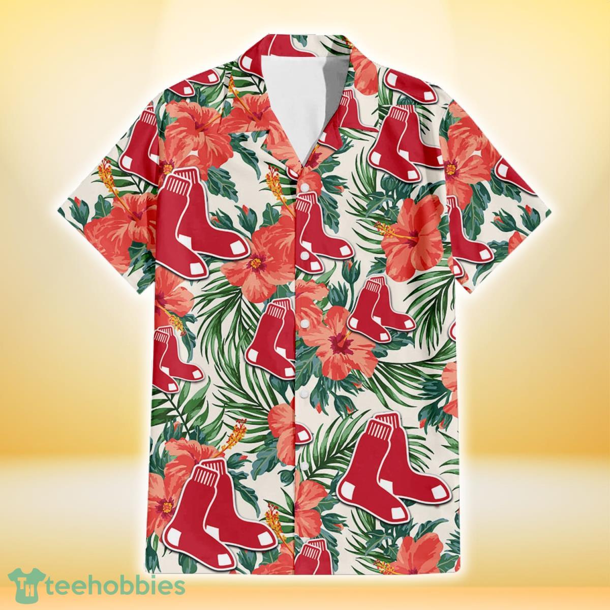 Boston Red Sox Coral Hibiscus Green Leaf Beige Background 3D Hawaiian Shirt Gift For Fans Gift For Fans Product Photo 2