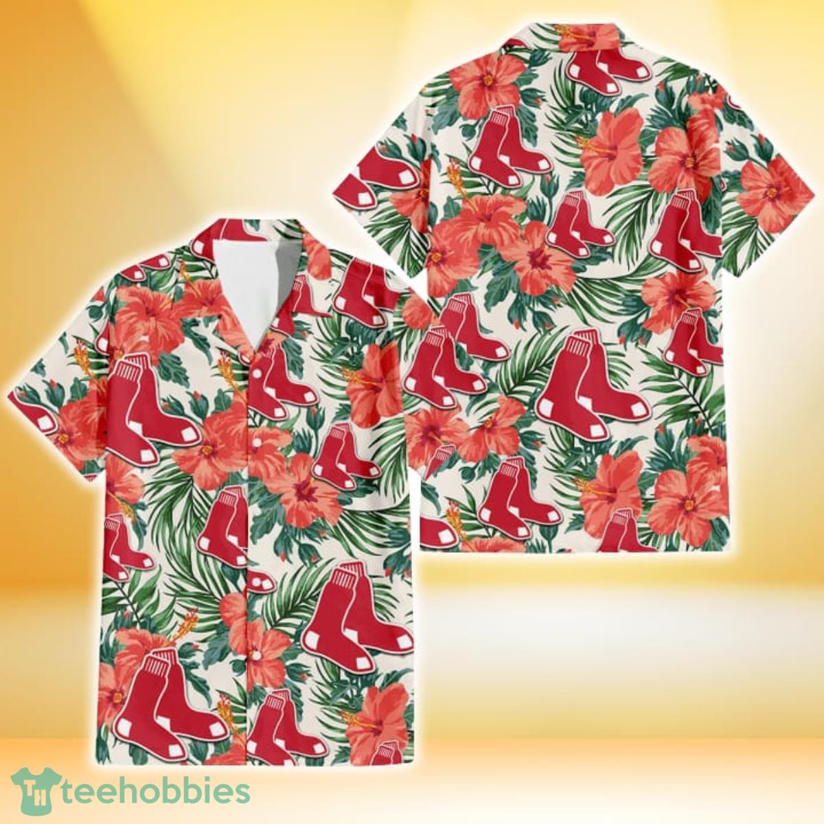 Boston Red Sox Coral Hibiscus Green Leaf Beige Background 3D Hawaiian Shirt Gift For Fans Gift For Fans Product Photo 1