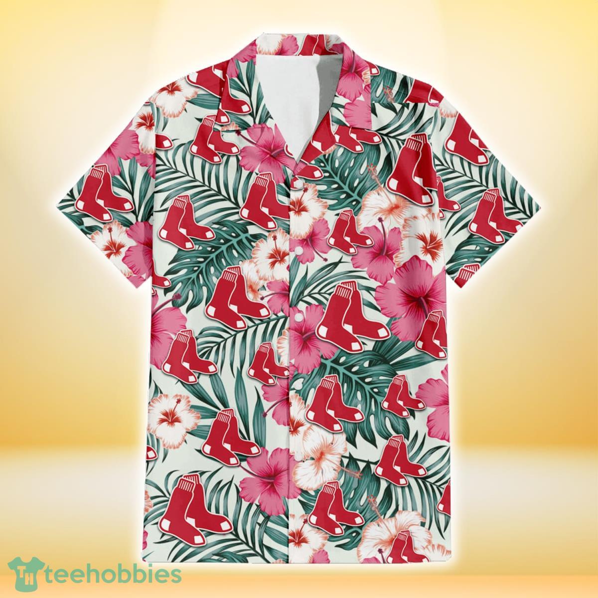 Boston Red Sox Coral Pink Hibiscus Green Leaf Beige Background 3D Hawaiian Shirt Gift For Fans Gift For Fans Product Photo 2