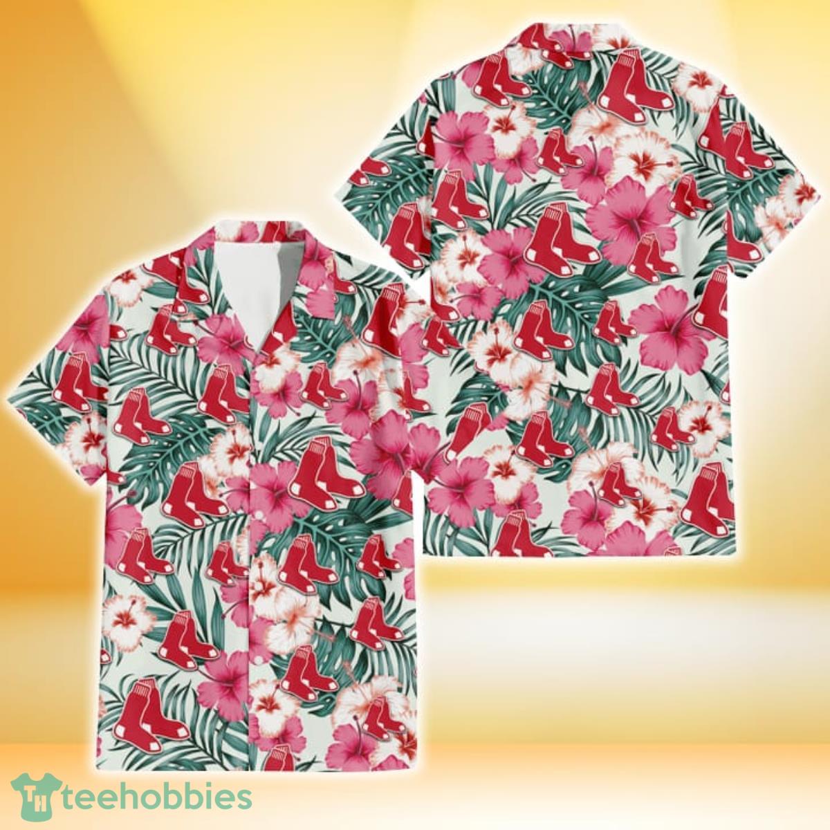Boston Red Sox Coral Pink Hibiscus Green Leaf Beige Background 3D Hawaiian Shirt Gift For Fans Gift For Fans Product Photo 1