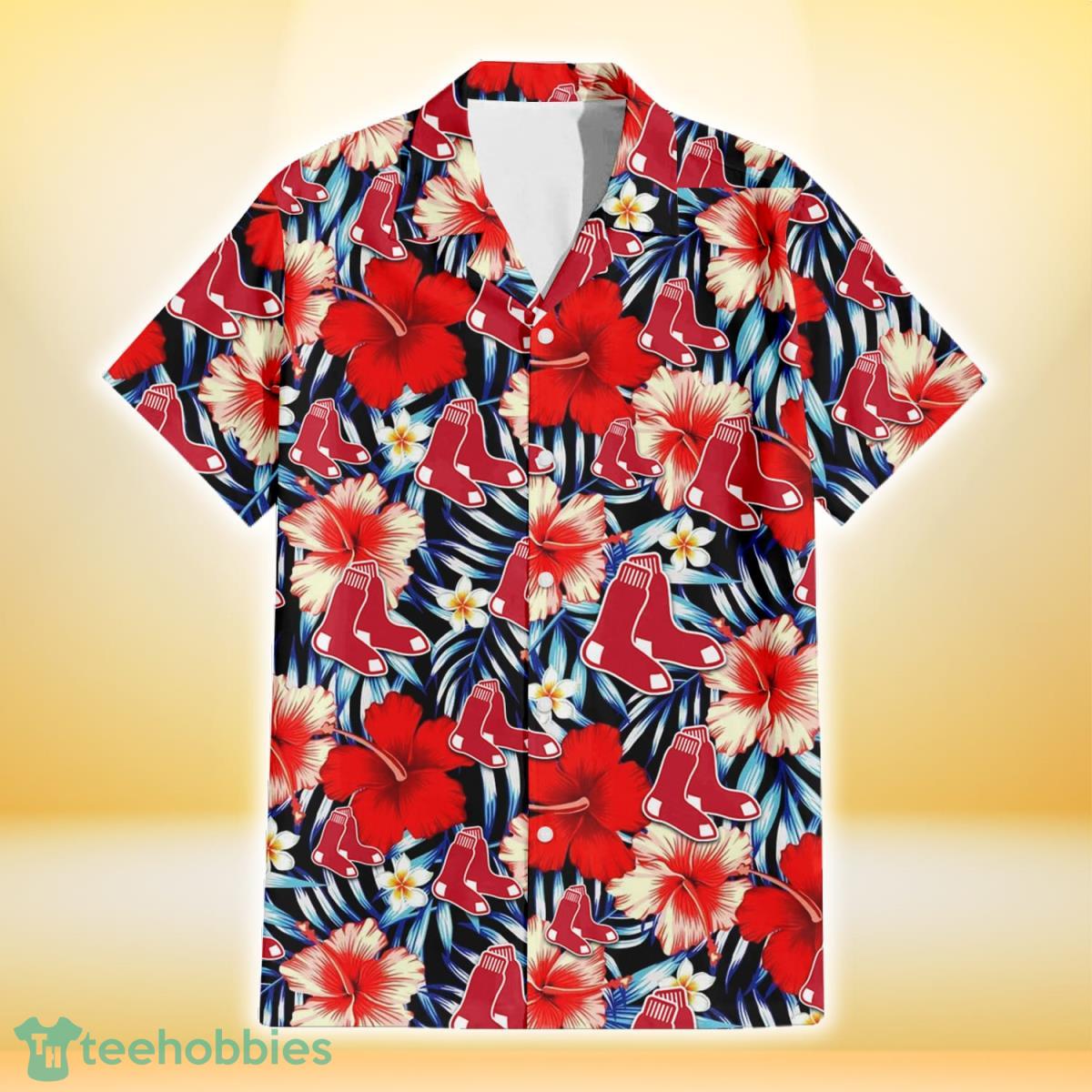 Boston Red Sox Coral Red Hibiscus Blue Palm Leaf Black Background 3D Hawaiian Shirt Gift For Fans Gift For Fans Product Photo 2