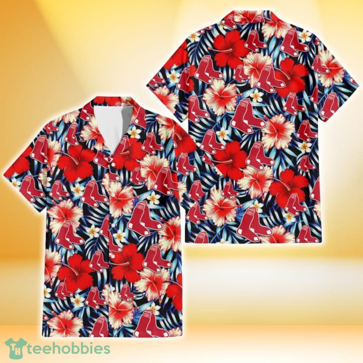 Boston Red Sox Coral Red Hibiscus Blue Palm Leaf Black Background 3D Hawaiian Shirt Gift For Fans Gift For Fans Product Photo 1