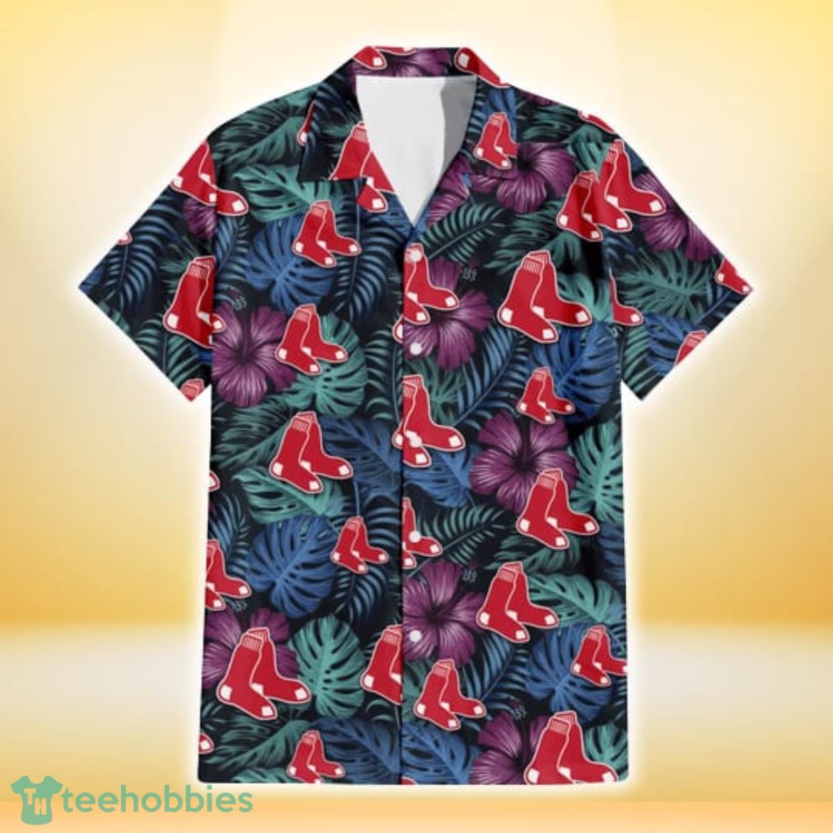 Boston Red Sox Dark Magenta Green Leaf Black Background 3D Hawaiian Shirt Gift For Fans Gift For Fans Product Photo 2