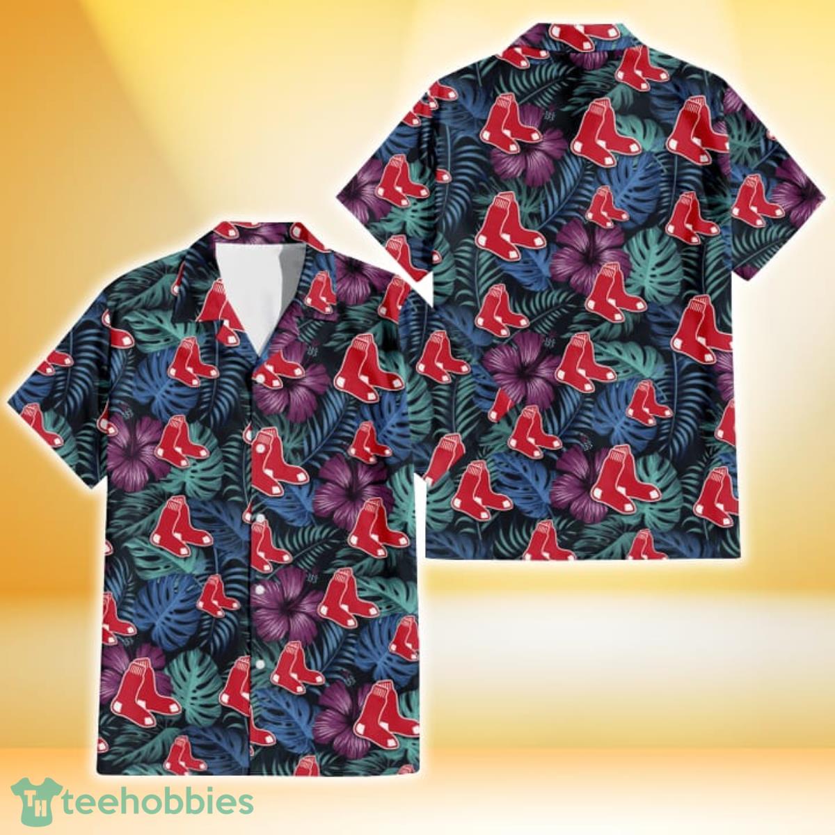 Boston Red Sox Dark Magenta Green Leaf Black Background 3D Hawaiian Shirt Gift For Fans Gift For Fans Product Photo 1