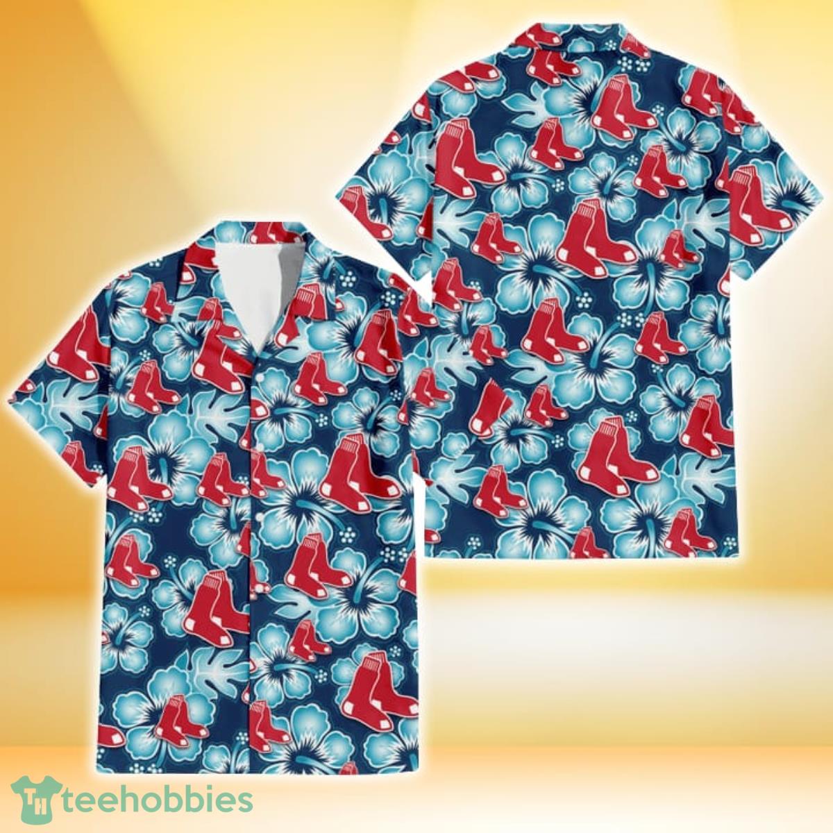 Boston Red Sox Dark Turquoise Hibiscus Navy Background 3D Hawaiian Shirt Gift For Fans Gift For Fans Product Photo 1