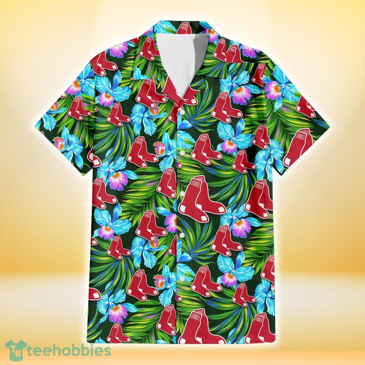 Boston Red Sox Electro Color Hibiscus Black Background 3D Hawaiian Shirt Gift For Fans Gift For Fans Product Photo 2