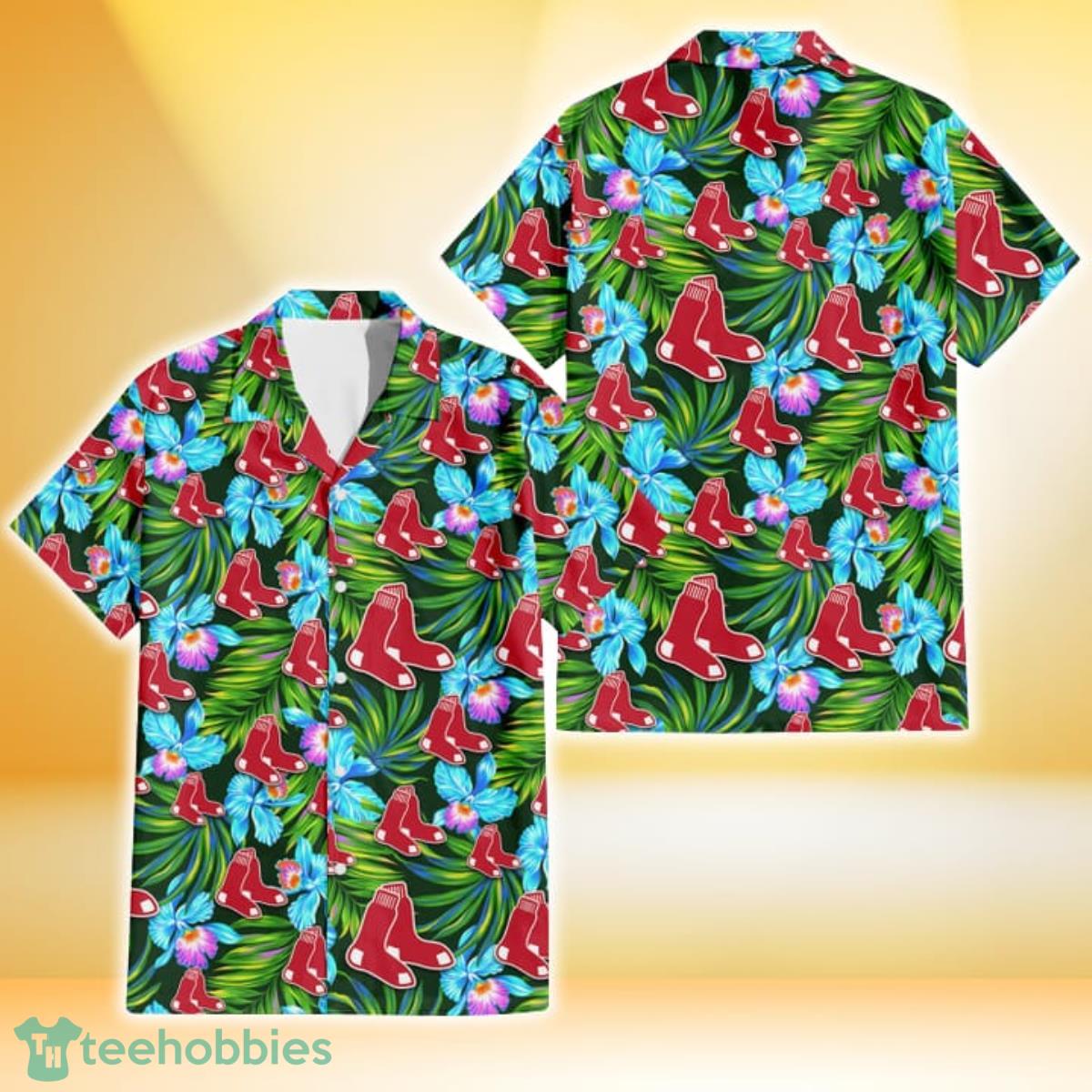 Boston Red Sox Electro Color Hibiscus Black Background 3D Hawaiian Shirt Gift For Fans Gift For Fans Product Photo 1