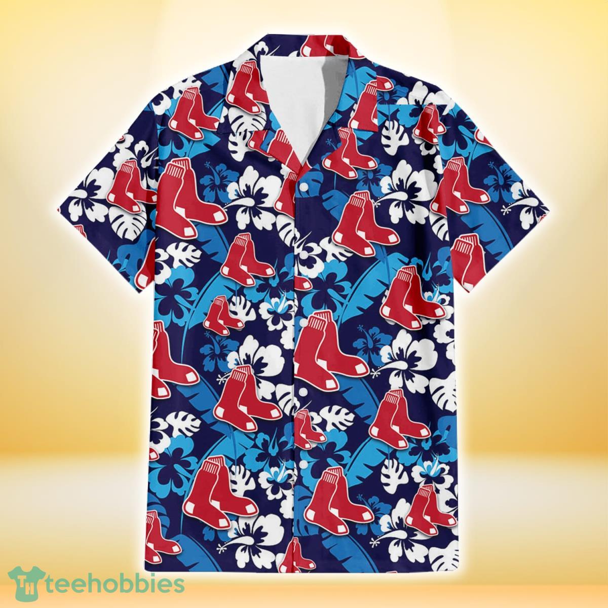 Boston Red Sox Light Blue Hibiscus Banana Leaf Navy Background 3D Hawaiian Shirt Gift For Fans Gift For Fans Product Photo 2