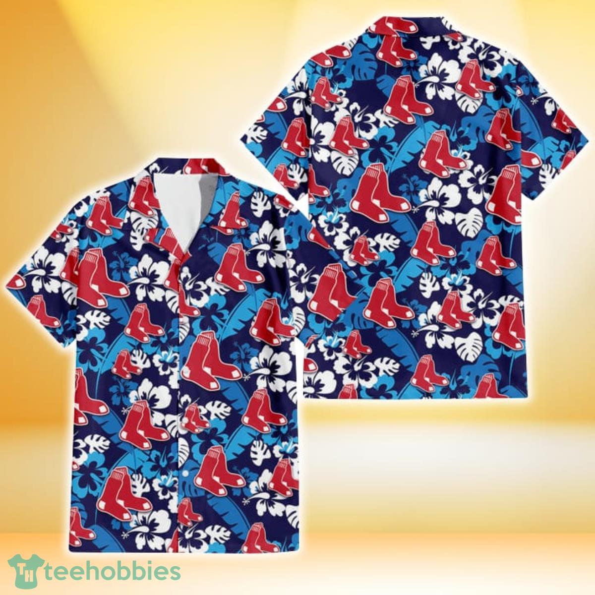 Boston Red Sox Light Blue Hibiscus Banana Leaf Navy Background 3D Hawaiian Shirt Gift For Fans Gift For Fans Product Photo 1