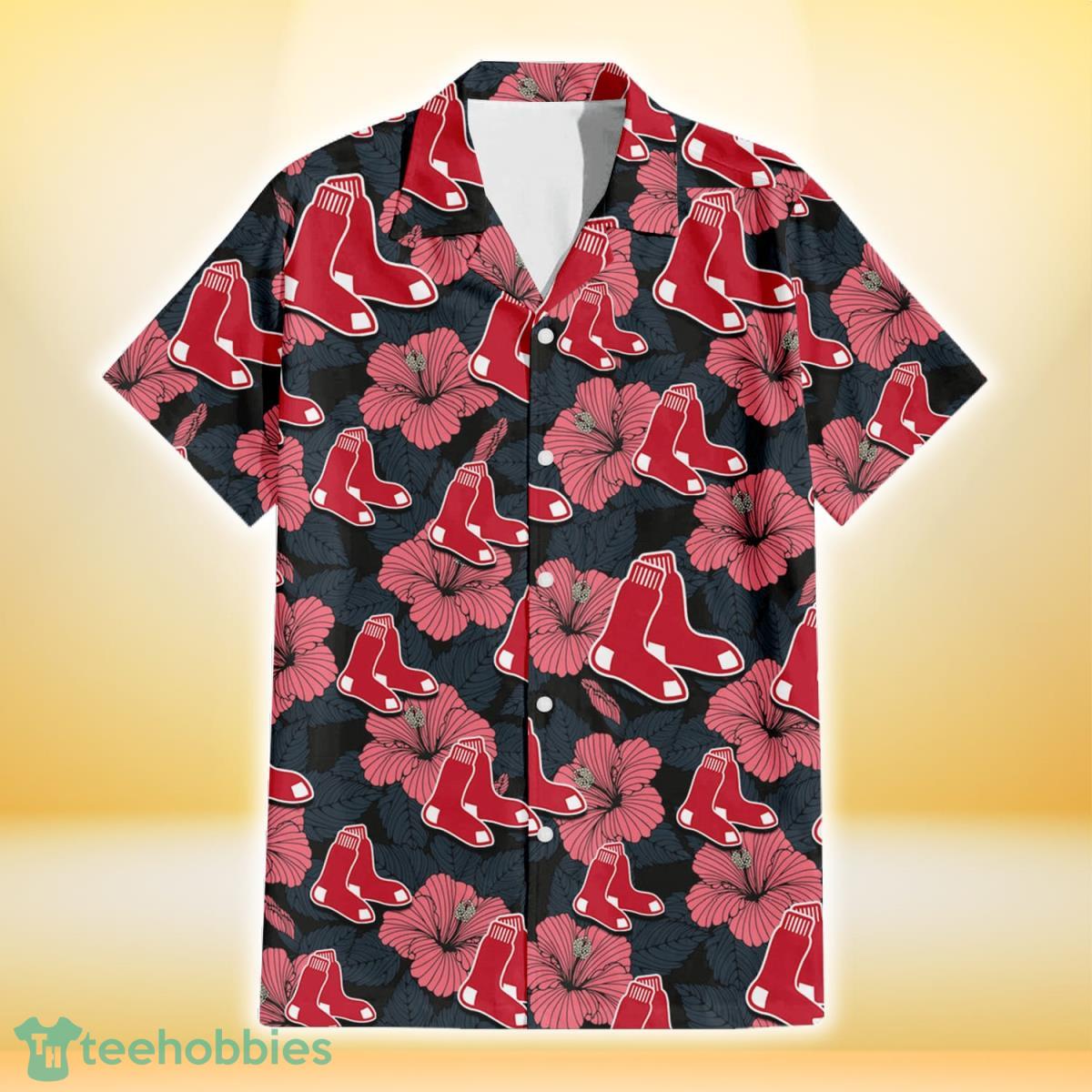 Boston Red Sox Light Coral Hibiscus Gray Leaf Black Background 3D Hawaiian Shirt Gift For Fans Gift For Fans Product Photo 2