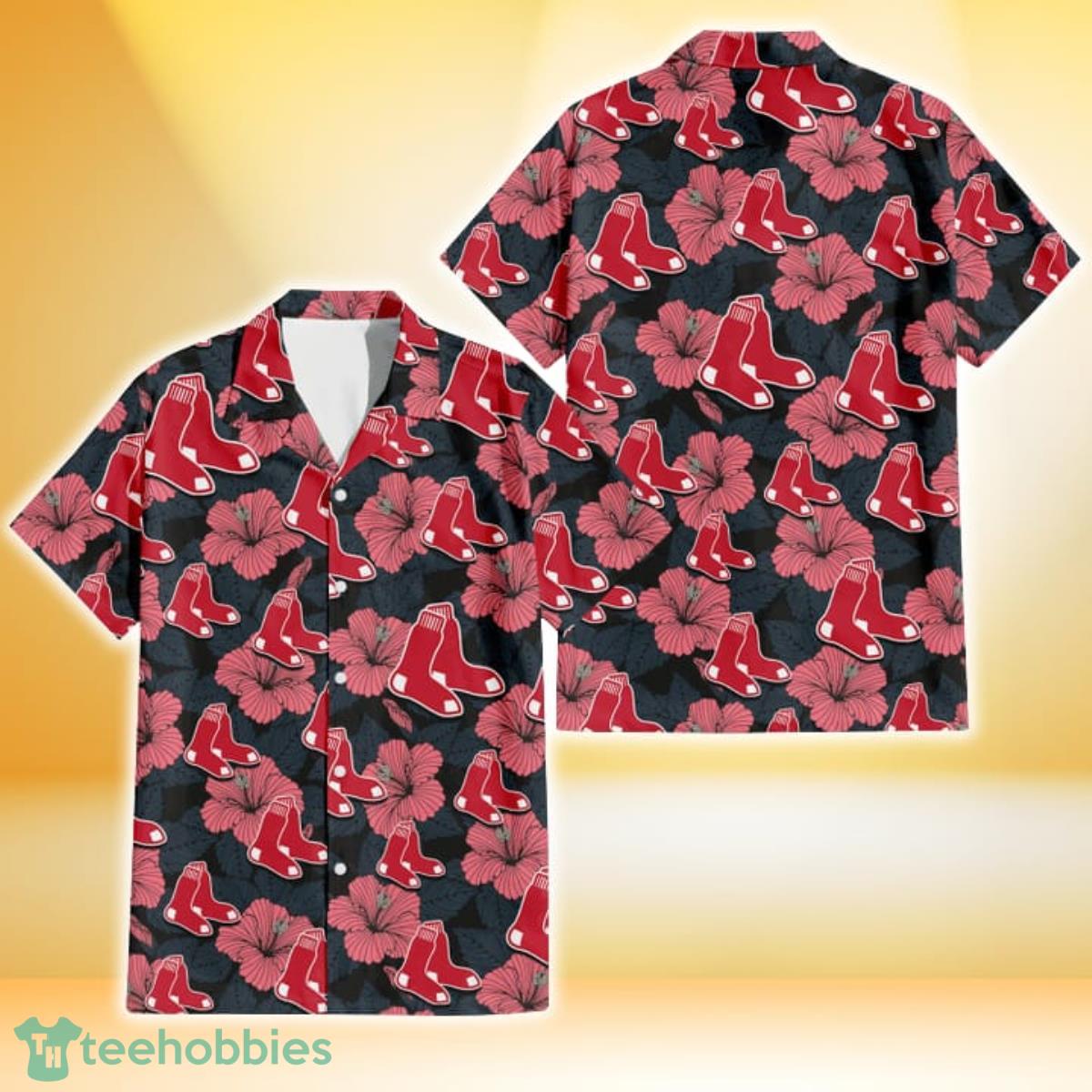 Boston Red Sox Light Coral Hibiscus Gray Leaf Black Background 3D Hawaiian Shirt Gift For Fans Gift For Fans Product Photo 1