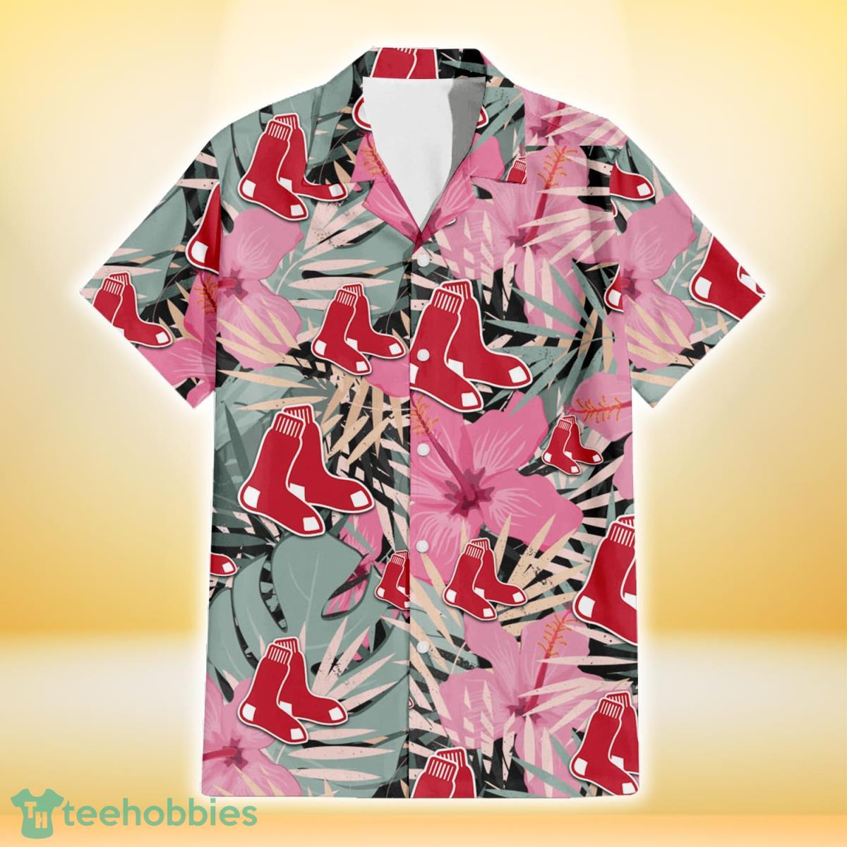 Boston Red Sox Light Pink Hibiscus Pale Green Leaf Black Background 3D  Hawaiian Shirt Gift For Fans Gift For Fans - YesItCustom