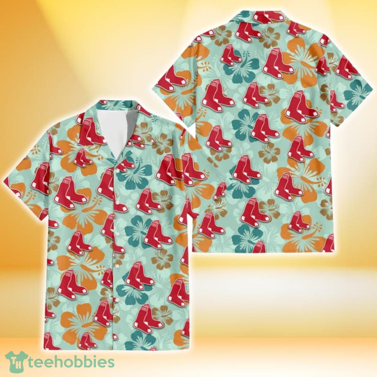 Boston Red Sox Orange Hibiscus Green Tropical Leaf Dark Background 3D  Hawaiian Shirt Gift For Fans Gift For Fans