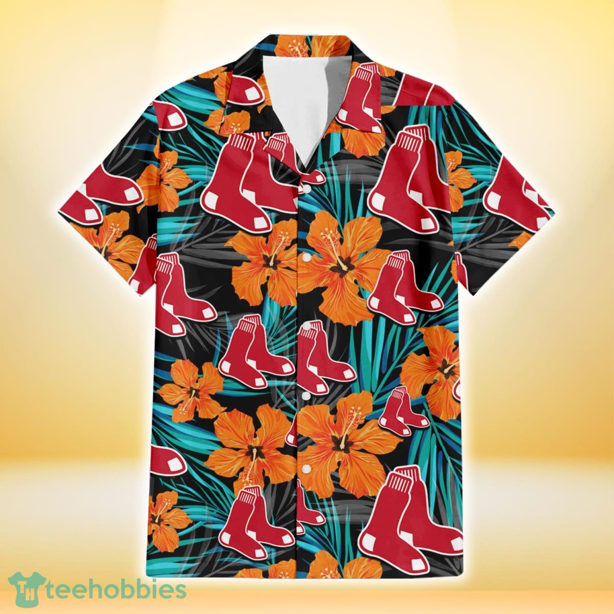 Boston Red Sox Orange Hibiscus Blue Gray Leaf Black Background 3D Hawaiian Shirt Gift For Fans Gift For Fans Product Photo 2