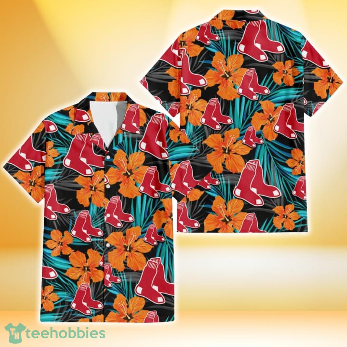 Boston Red Sox Orange Hibiscus Blue Gray Leaf Black Background 3D Hawaiian Shirt Gift For Fans Gift For Fans Product Photo 1