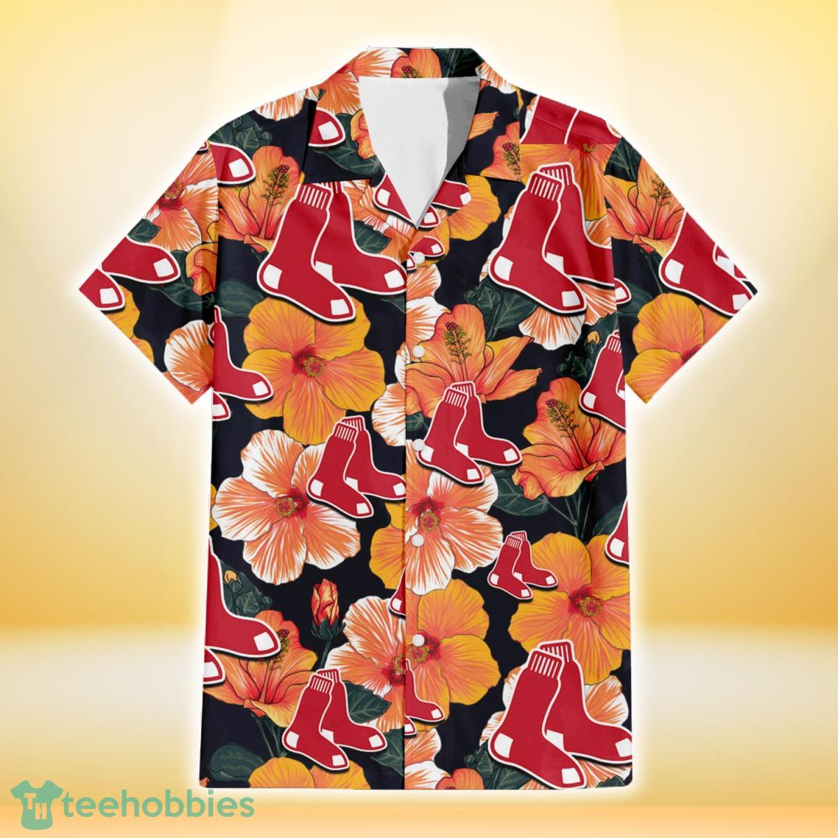 Boston Red Sox Orange Hibiscus Dark Green Leaf Black Background 3D Hawaiian Shirt Gift For Fans Gift For Fans Product Photo 2