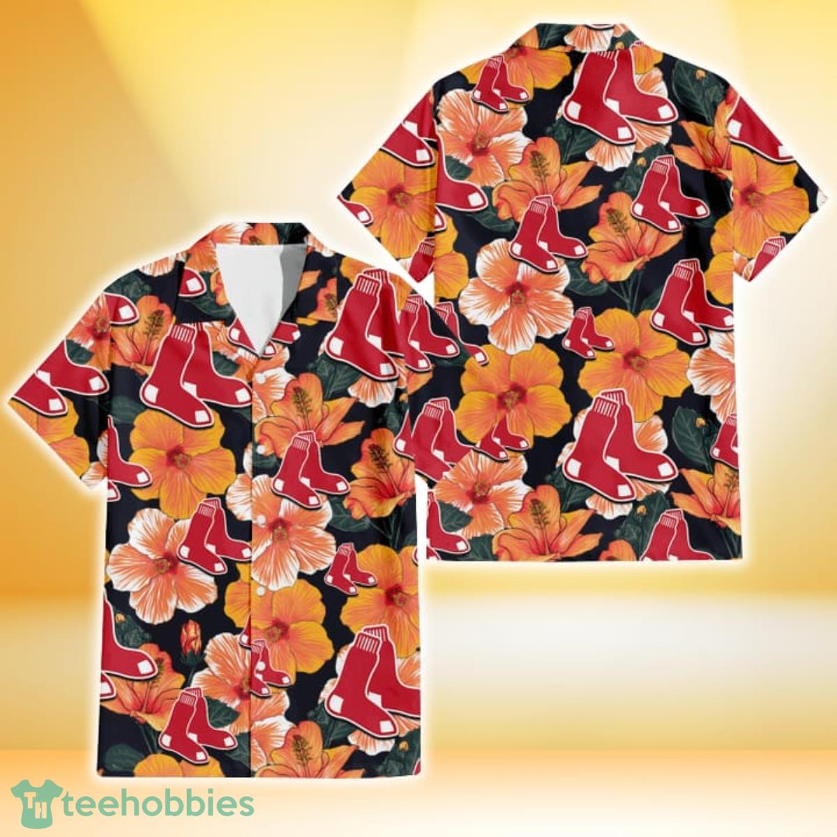Boston Red Sox Orange Hibiscus Dark Green Leaf Black Background 3D Hawaiian Shirt Gift For Fans Gift For Fans Product Photo 1
