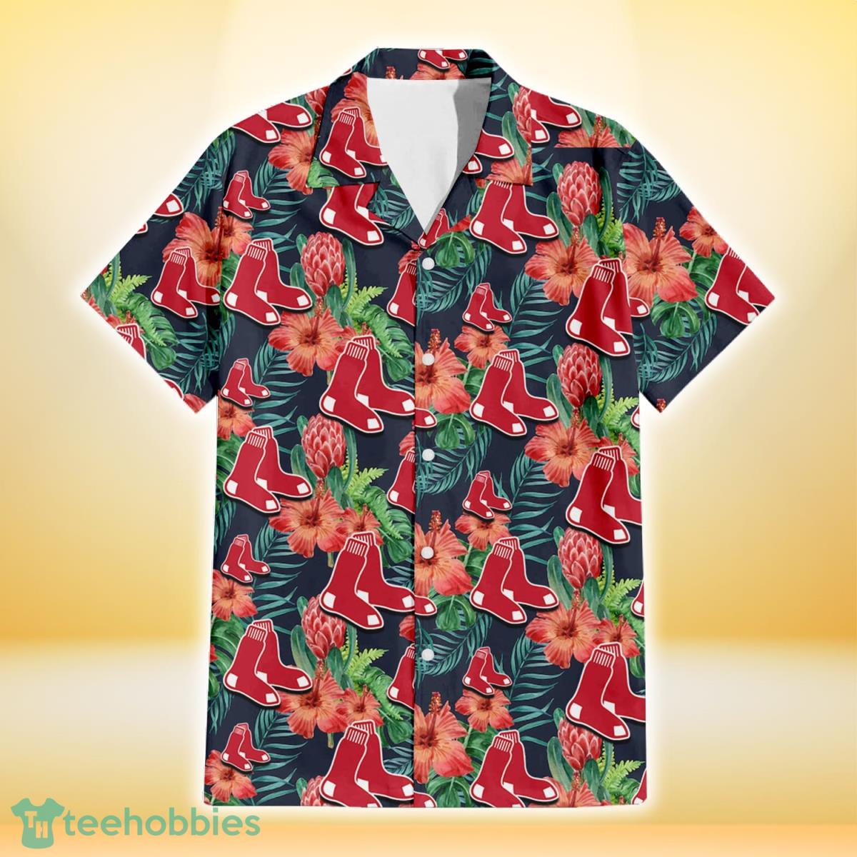 Boston Red Sox Orange Hibiscus Green Tropical Leaf Dark Background 3D  Hawaiian Shirt Gift For Fans Gift For Fans