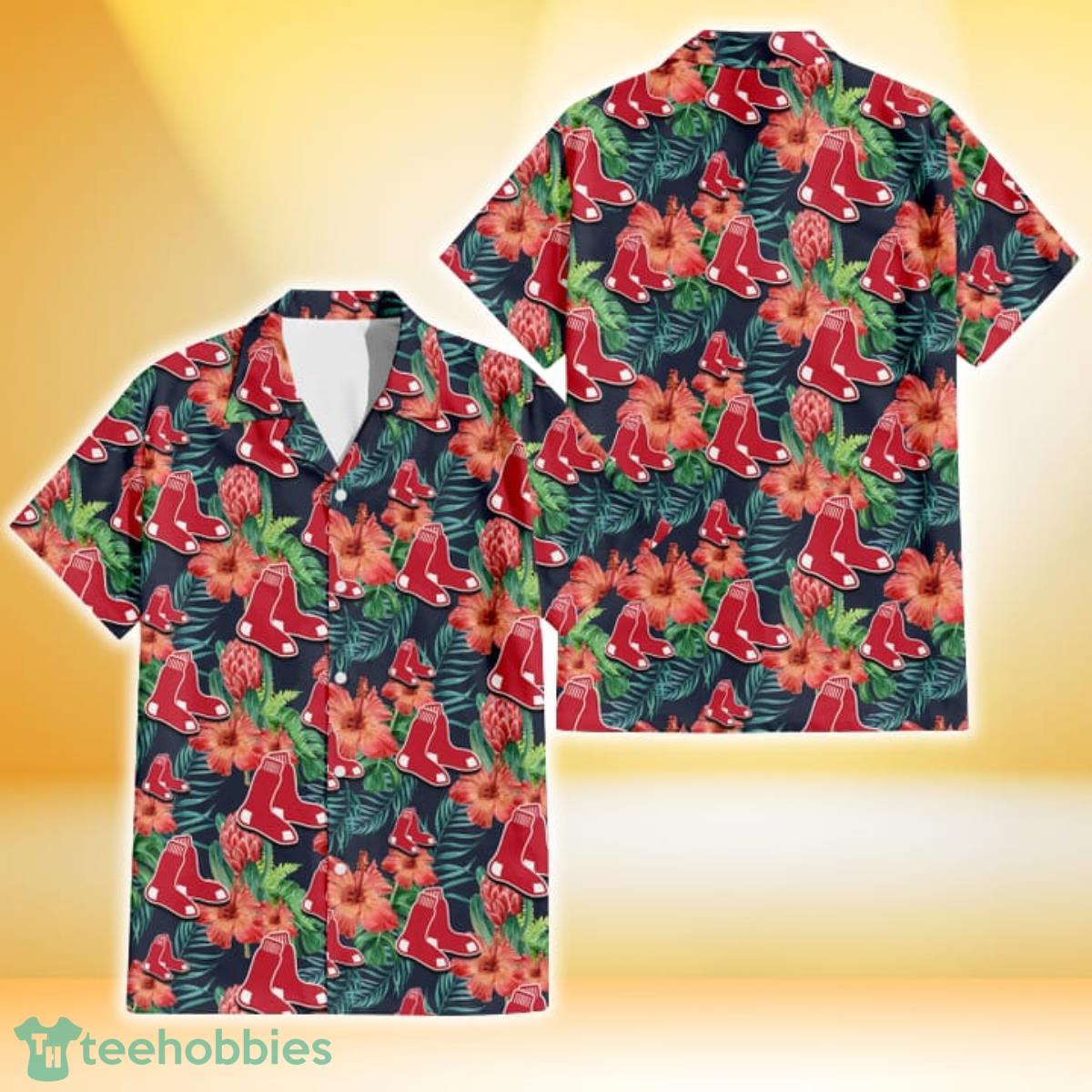 Boston Red Sox Red Hibiscus Green Leaf Tropical Hawaiian Shirt For