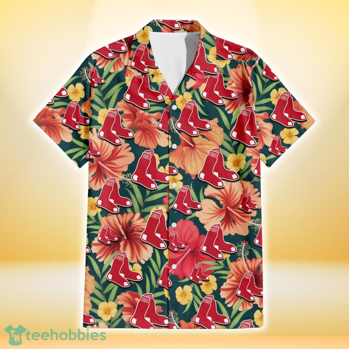 Boston Red Sox Orange Hibiscus Green Tropical Leaf Dark Background 3D  Hawaiian Shirt Gift For Fans Gift For Fans