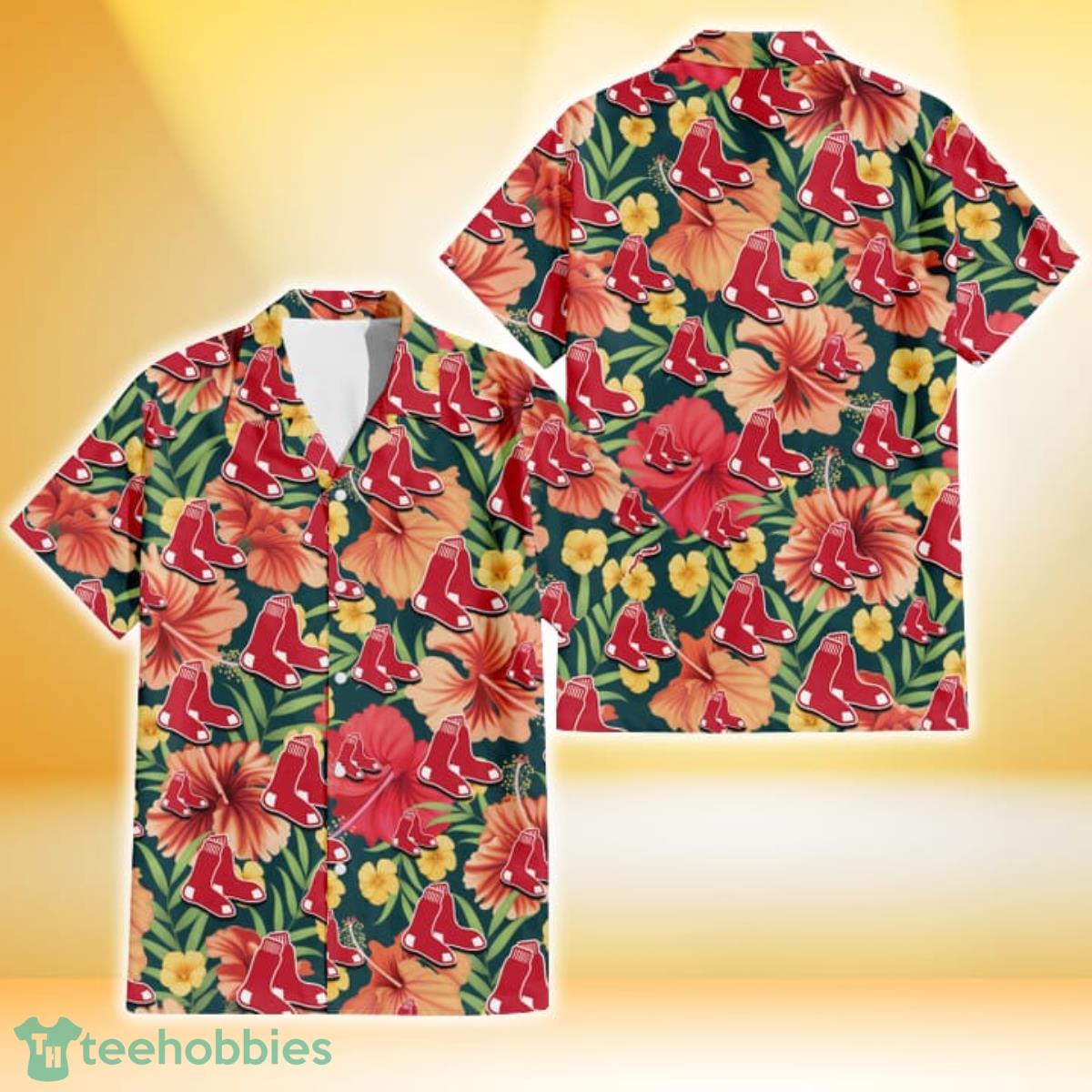 Boston Red Sox Orange Red Hibiscus Green Leaf Dark Background 3D Hawaiian Shirt Gift For Fans Gift For Fans Product Photo 1