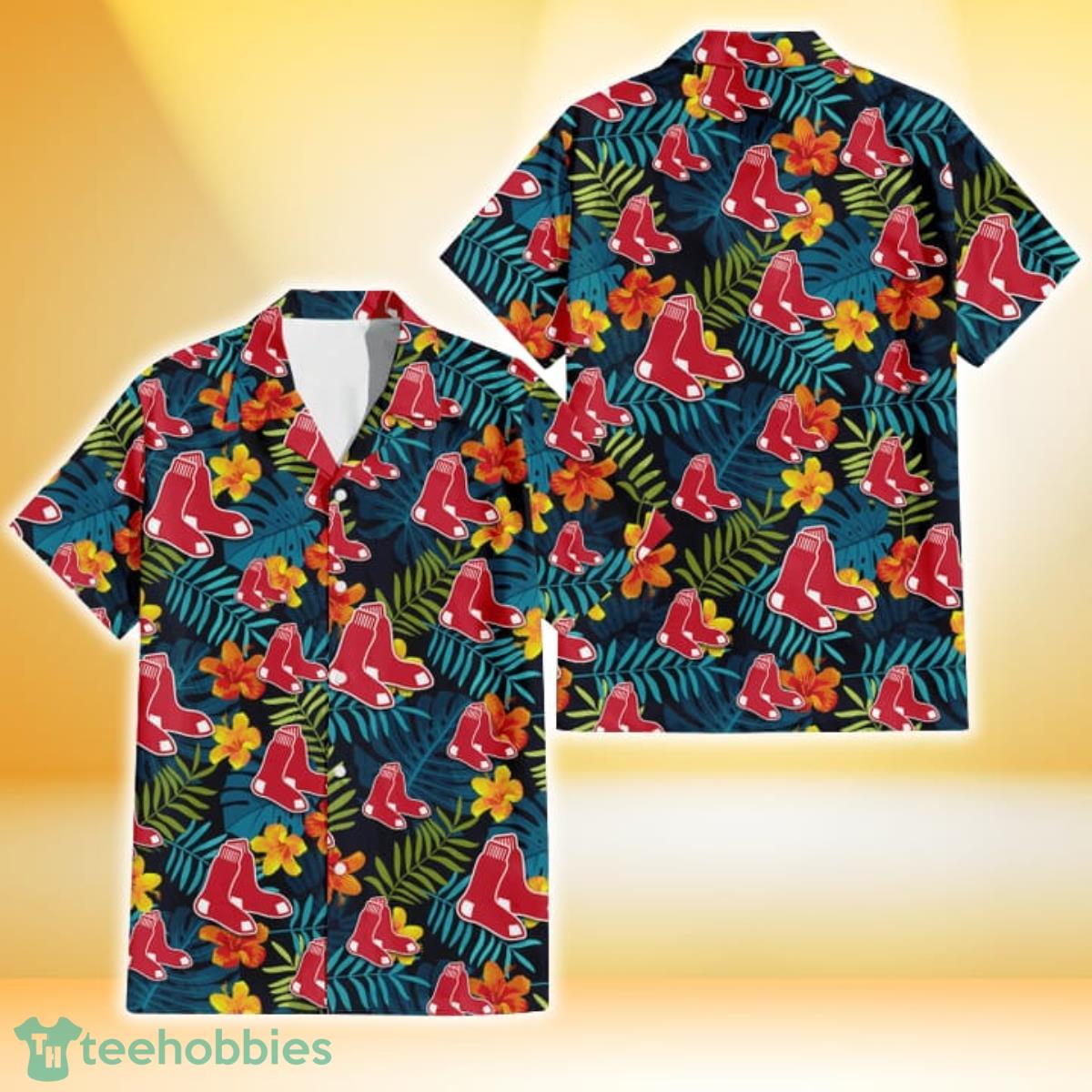 Boston Red Sox Orange Yellow Green Leaf Black Background 3D Hawaiian Shirt Gift For Fans Gift For Fans Product Photo 1