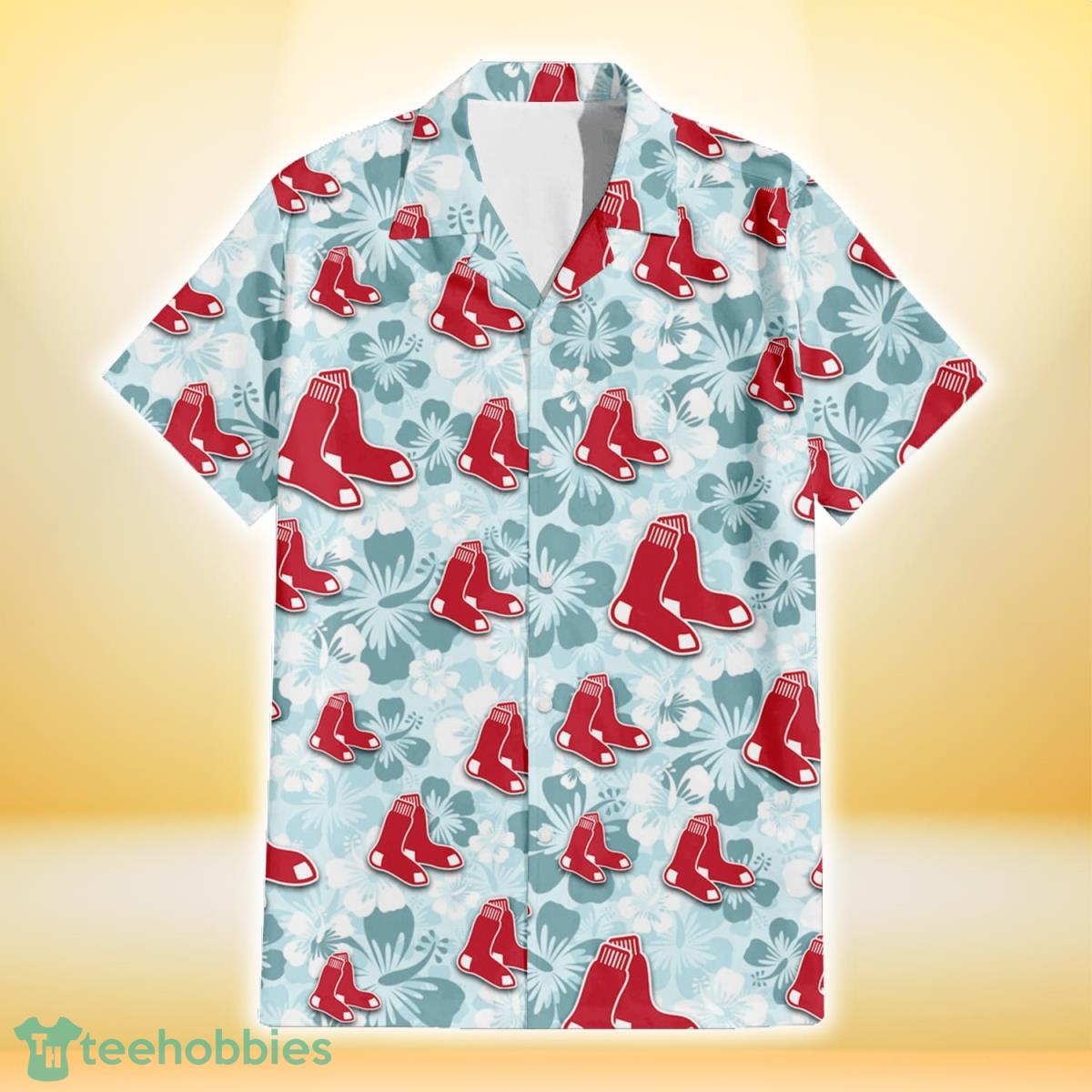 Boston Red Sox Pale Turquoise Hibiscus Light Cyan Background 3D Hawaiian Shirt Gift For Fans Gift For Fans Product Photo 2