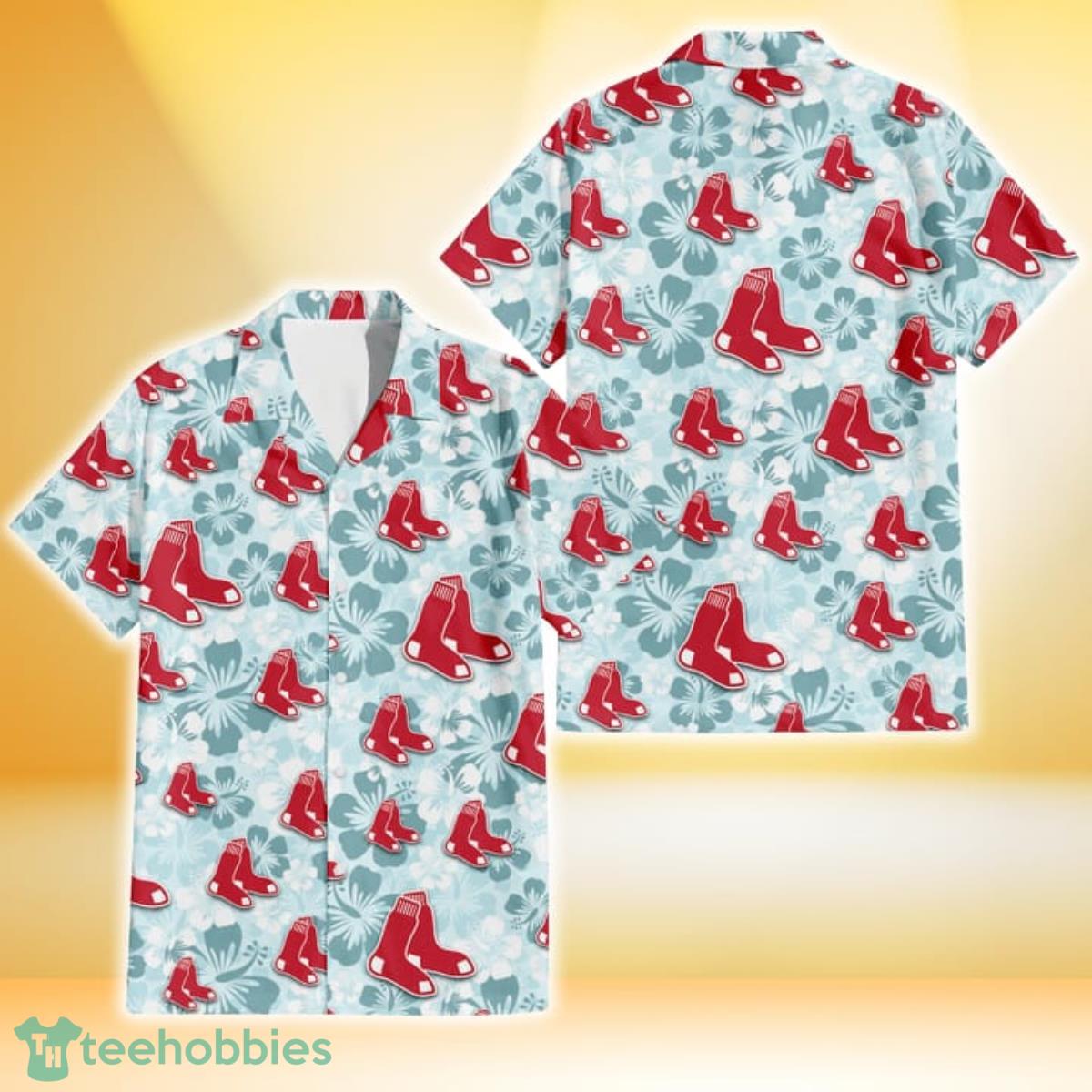 Boston Red Sox Pale Turquoise Hibiscus Light Cyan Background 3D Hawaiian Shirt Gift For Fans Gift For Fans Product Photo 1