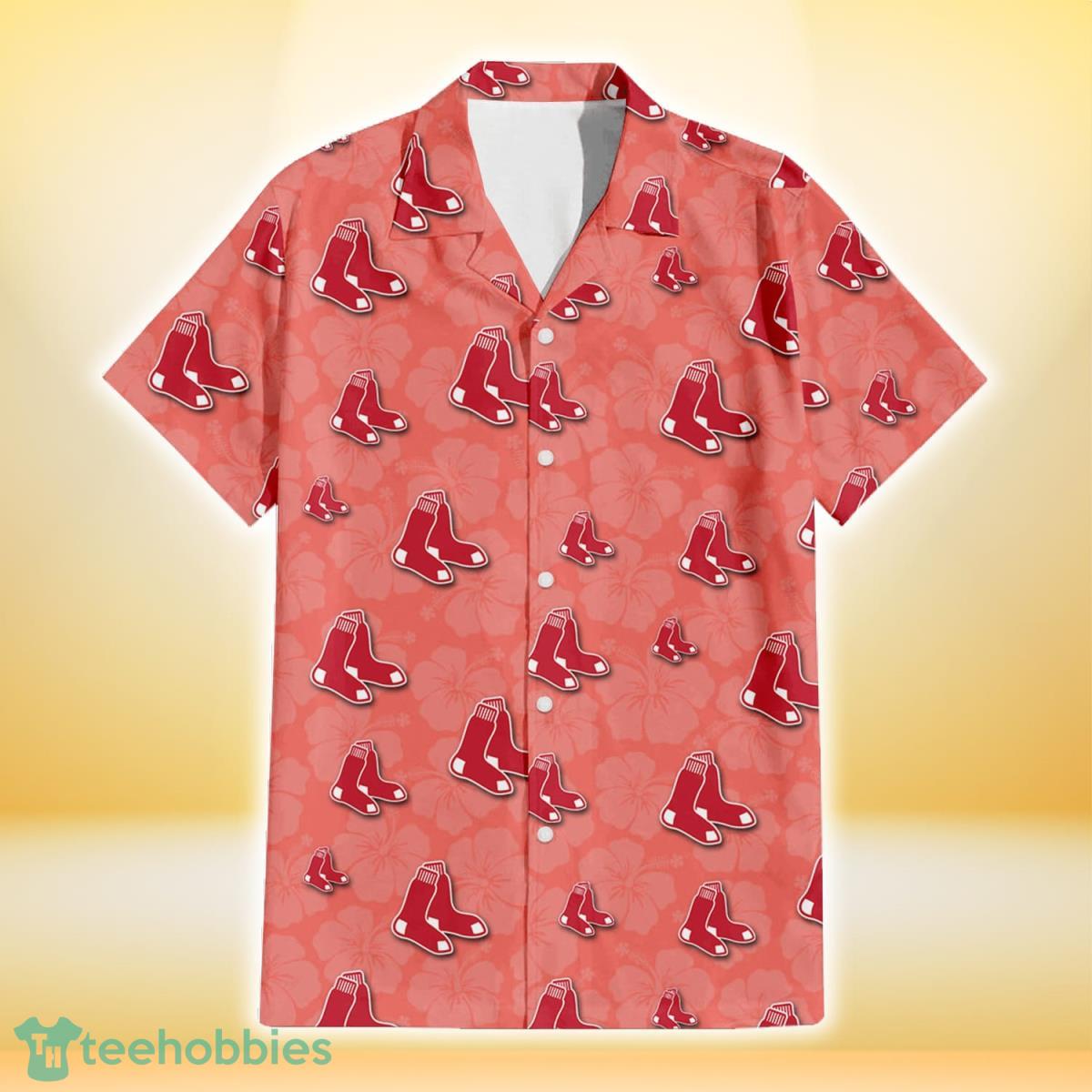 Boston Red Sox Peach Puff Hibiscus Tomato Orange Background 3D Hawaiian Shirt Gift For Fans Gift For Fans Product Photo 2