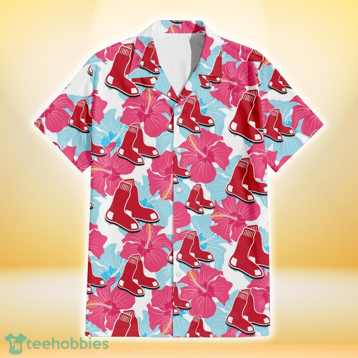 Boston Red Sox Pink Blue Hibiscus White Background 3D Hawaiian Shirt Gift For Fans Gift For Fans Product Photo 2