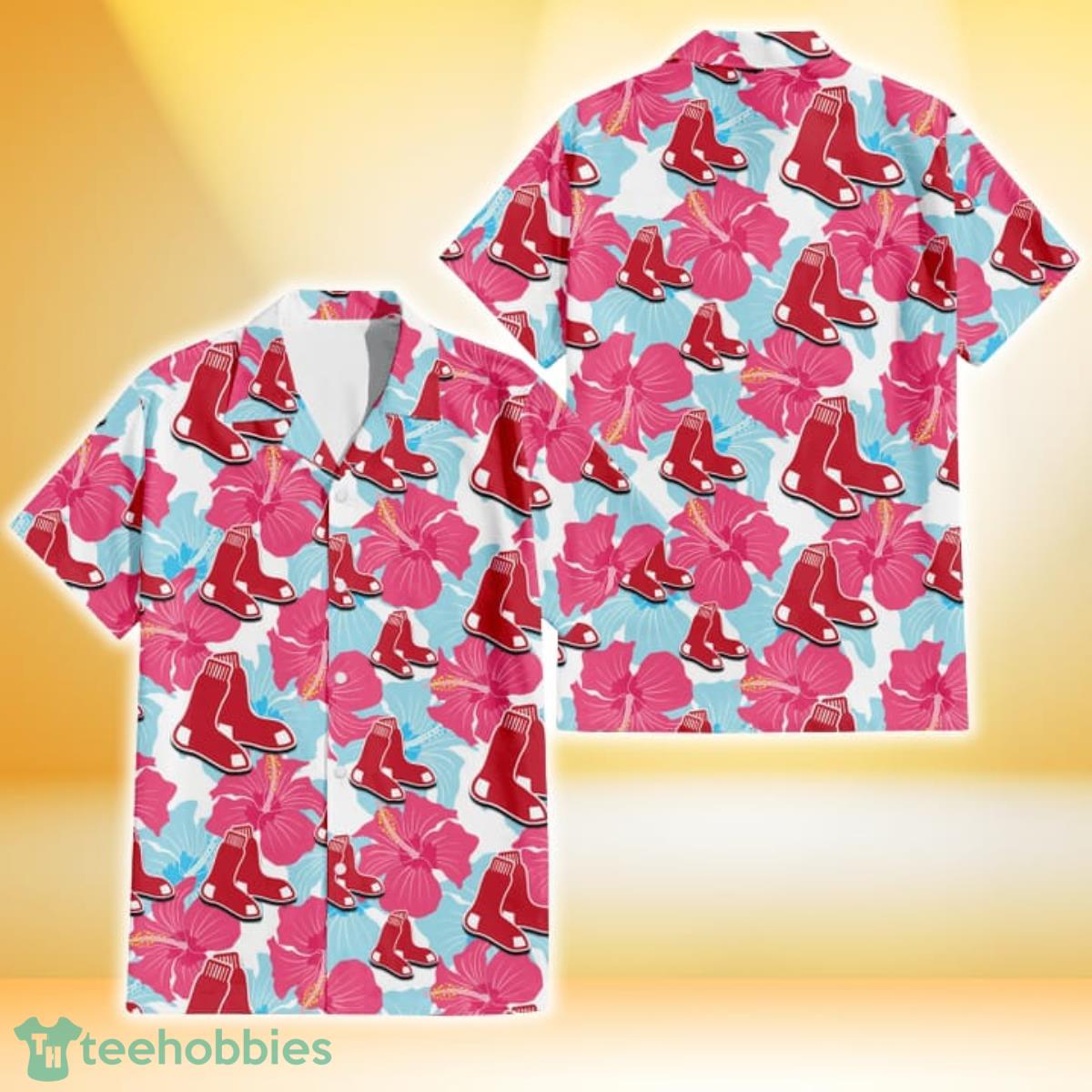 Boston Red Sox Pink Blue Hibiscus White Background 3D Hawaiian Shirt Gift For Fans Gift For Fans Product Photo 1