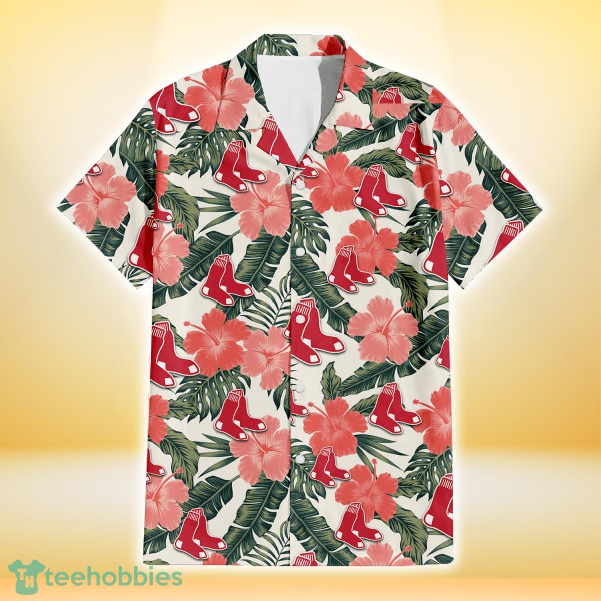 Boston Red Sox Pink Coral Hibiscus Banana Leaf Beige Background 3D Hawaiian Shirt Gift For Fans Gift For Fans Product Photo 2
