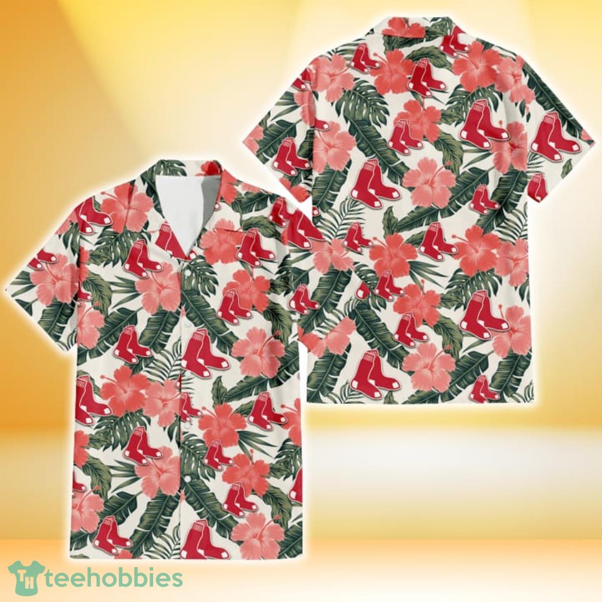 Boston Red Sox Pink Coral Hibiscus Banana Leaf Beige Background 3D Hawaiian Shirt Gift For Fans Gift For Fans Product Photo 1