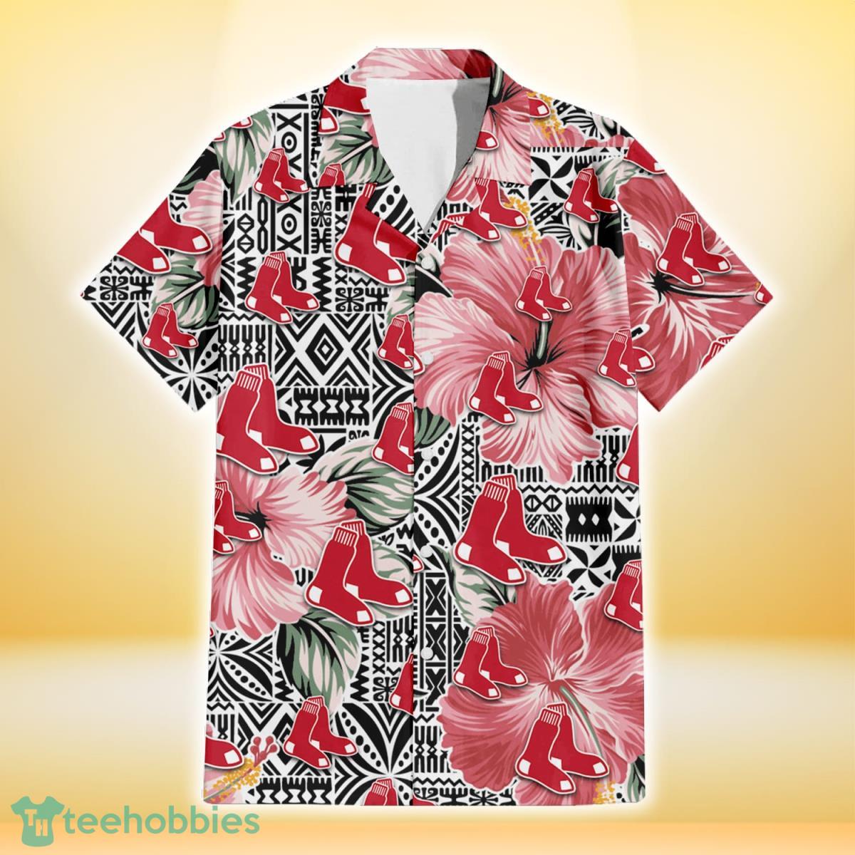 Boston Red Sox Pink Hibiscus Black Pattern White Background 3D Hawaiian Shirt Gift For Fans Gift For Fans Product Photo 2