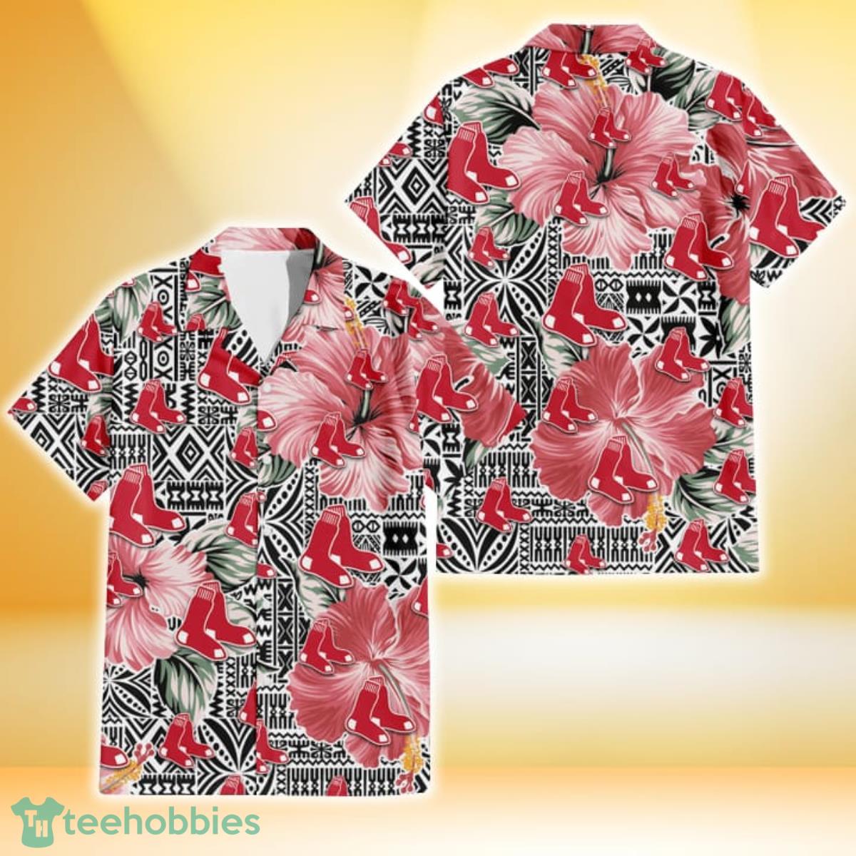 Boston Red Sox Pink Hibiscus Black Pattern White Background 3D Hawaiian Shirt Gift For Fans Gift For Fans Product Photo 1