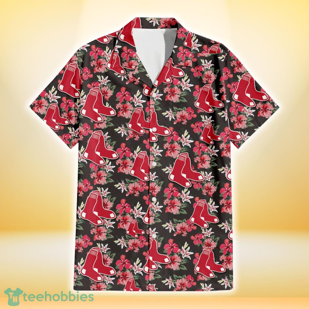 Boston Red Sox Pink Hibiscus Orchid Brown Background 3D Hawaiian Shirt Gift For Fans Gift For Fans Product Photo 2