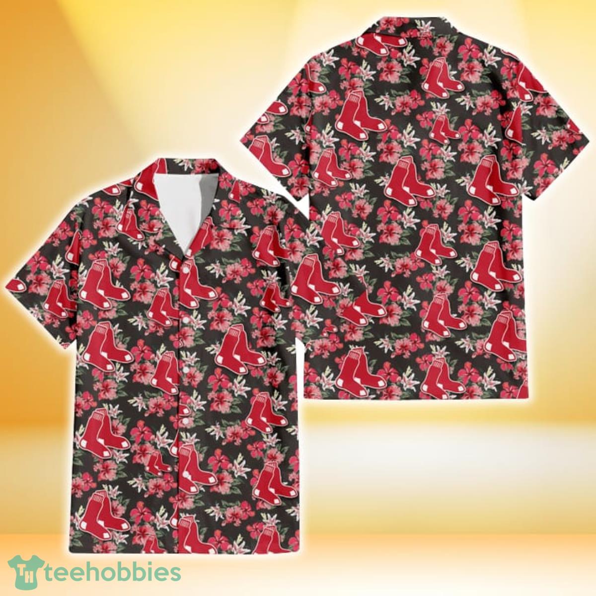 Boston Red Sox Pink Hibiscus Orchid Brown Background 3D Hawaiian Shirt Gift For Fans Gift For Fans Product Photo 1