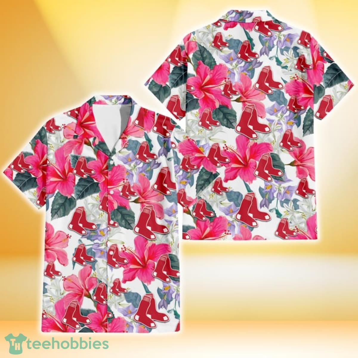 Boston Red Sox Pink Hibiscus White Orchid White Background 3D Hawaiian Shirt Gift For Fans Gift For Fans Product Photo 1