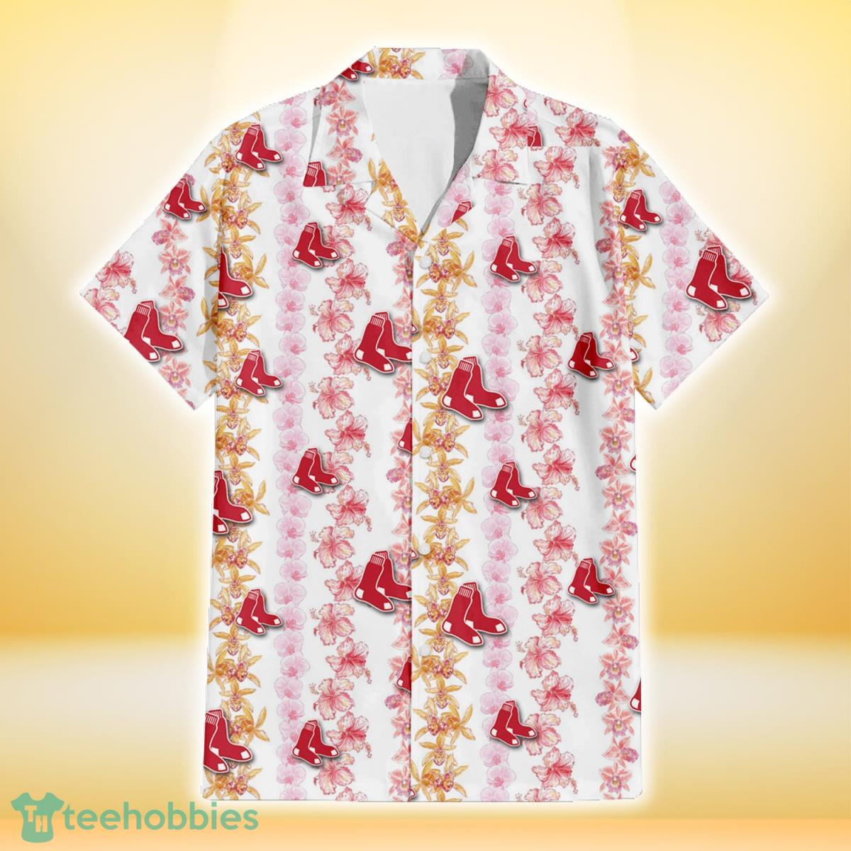 Boston Red Sox Pink Hibiscus Yellow Pink Orchid White Background 3D Hawaiian Shirt Gift For Fans Gift For Fans Product Photo 2