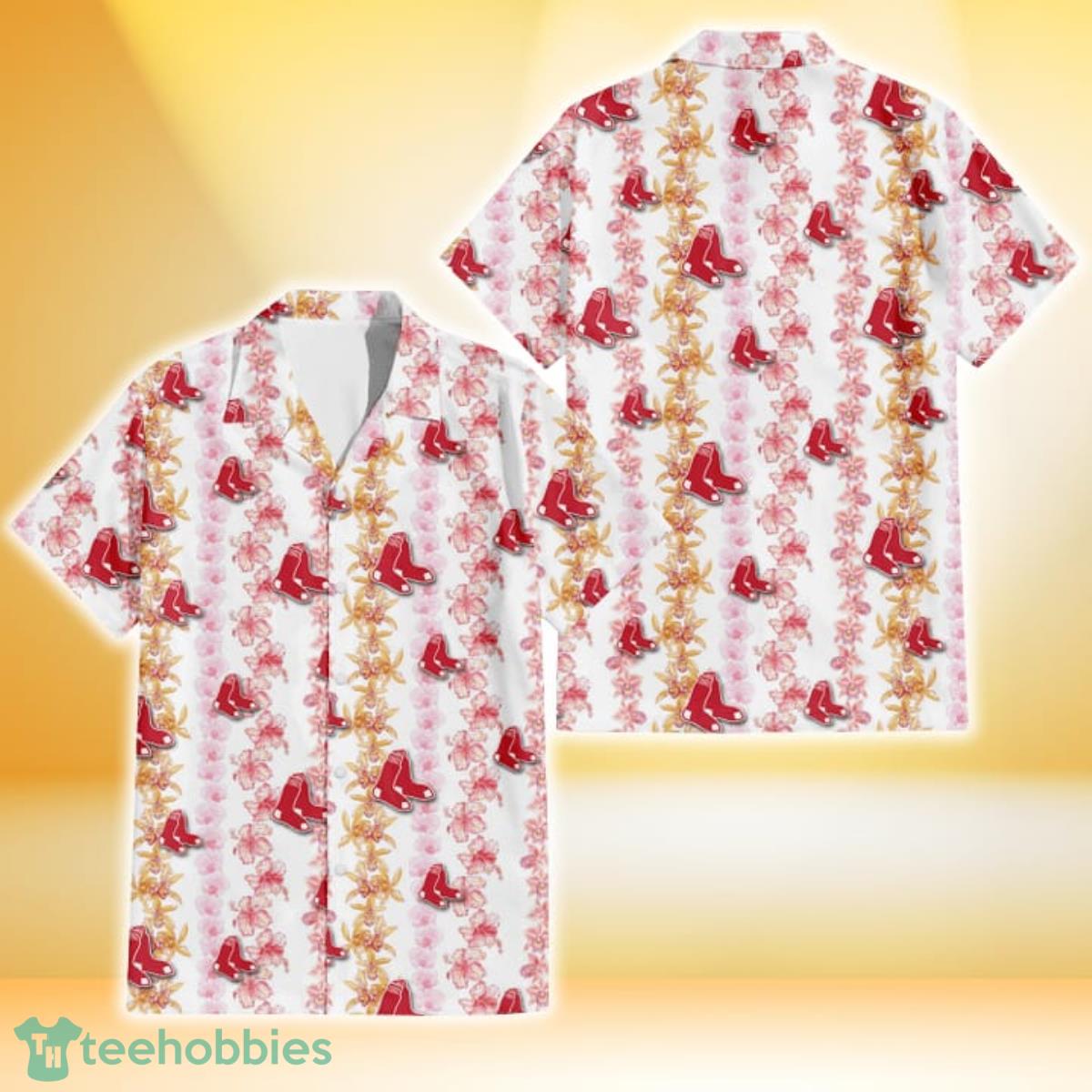 Boston Red Sox Pink Hibiscus Yellow Pink Orchid White Background 3D Hawaiian Shirt Gift For Fans Gift For Fans Product Photo 1