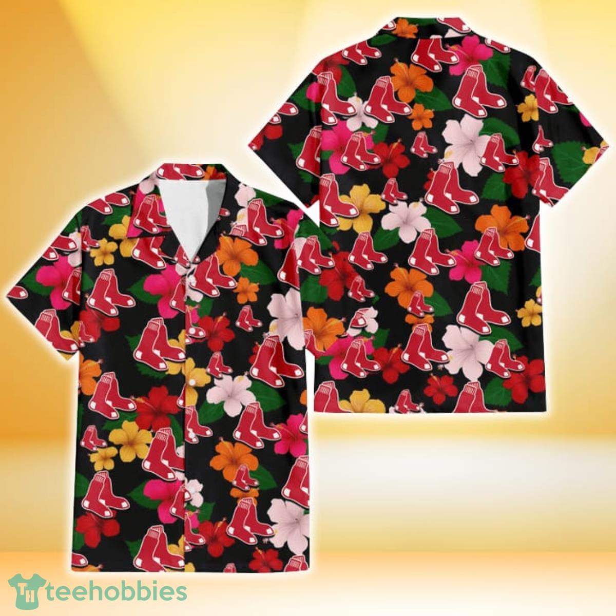 Boston Red Sox Pink Orange Yellow White Hibiscus Black Background 3D Hawaiian Shirt Gift For Fans Gift For Fans Product Photo 1