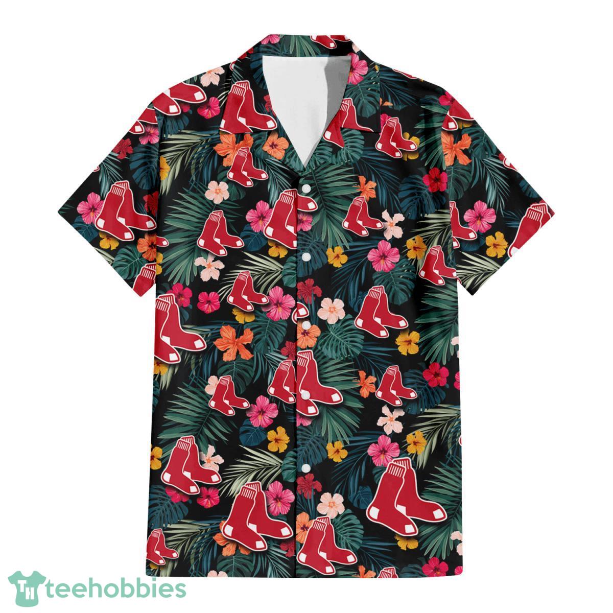Boston Red Sox Pink Orange Yellow White Hibiscus Black Background 3D  Hawaiian Shirt Gift For Fans Gift For Fans - YesItCustom